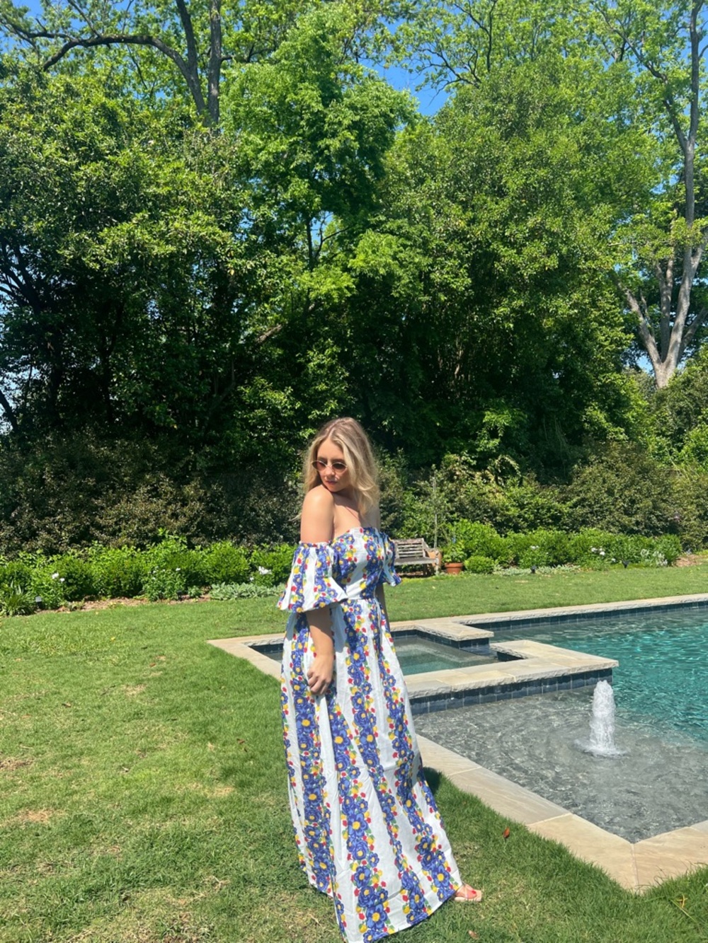 Beyond by Vera Off-Shoulder Floral Maxi Dress in White and Blue - Picture 2 of 3